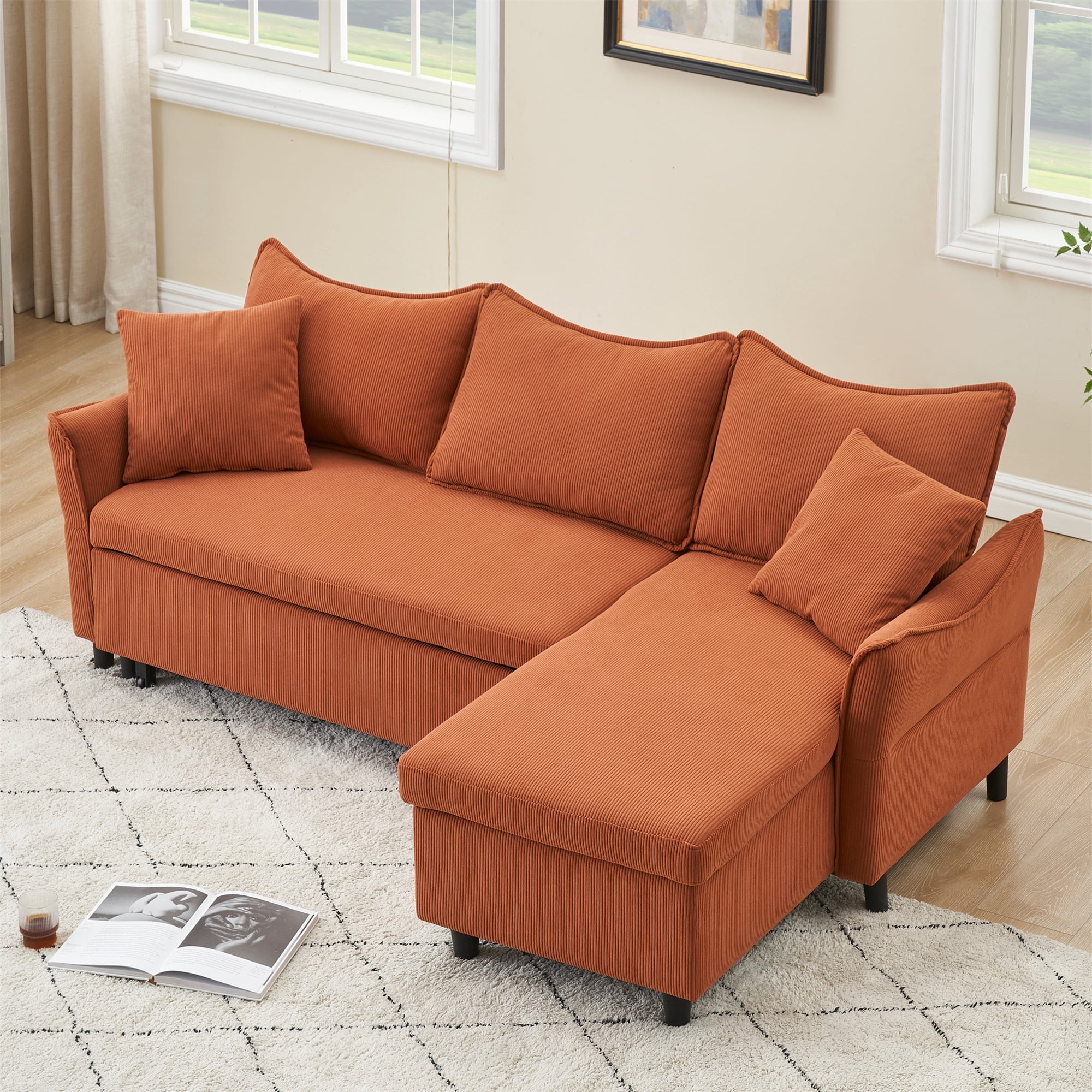 Aukfa 80" Sofa Bed Couch Pull Out Sofa Bed with Storage Chaise, 2 Pillows, Corduroy, Orange