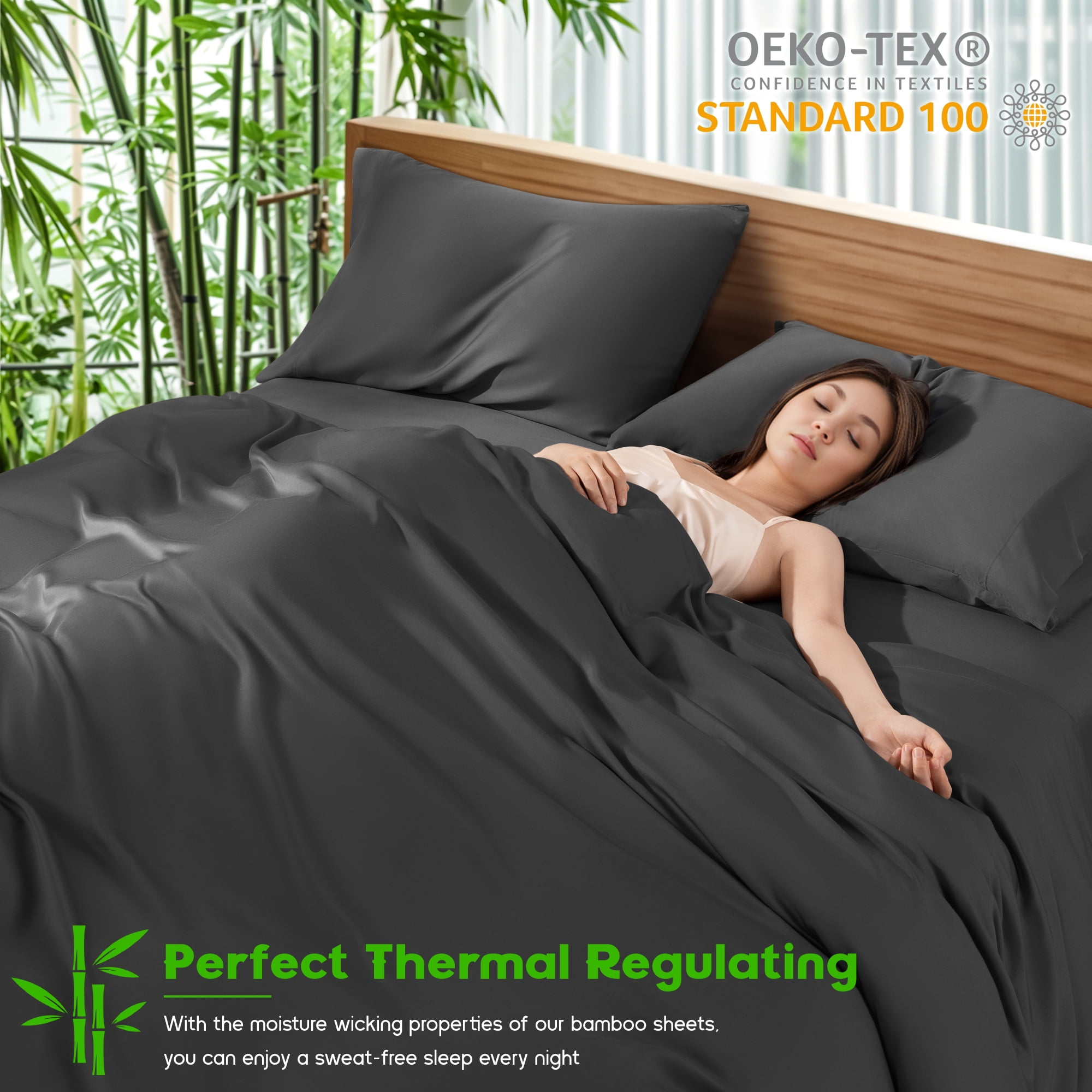 Sonoro Kate Luxury Cooling Bamboo Bed Sheet Set - Deep Pockets - 4 Piece, California King, Black