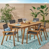 Brycen Outdoor 7 Piece Acacia Wood Dining Set with Mesh Seats, Teak, Black