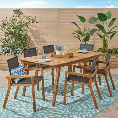 Brycen Outdoor 7 Piece Acacia Wood Dining Set with Mesh Seats, Teak, Black