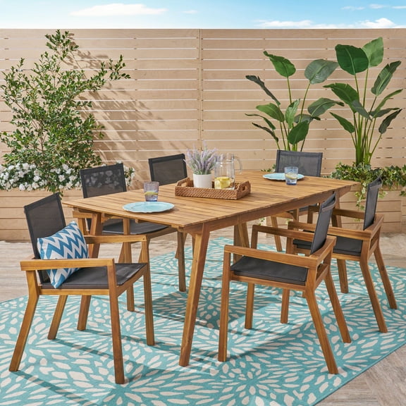 Brycen Outdoor 7 Piece Acacia Wood Dining Set with Mesh Seats, Teak, Black