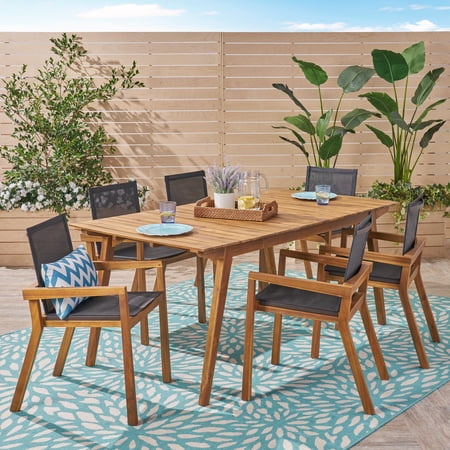 Brycen Outdoor 7 Piece Acacia Wood Dining Set with Mesh Seats Teak Black