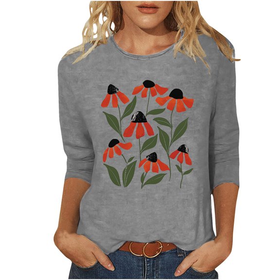 qucoqpe Women's Summer Fashion Floral Printed Blouses Tops Casual Loose Fit Crew Neck 3/4 Sleeve Shirts