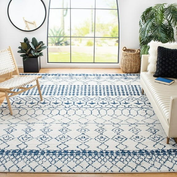 SAFAVIEH Tulum Coriander Moroccan Geometric Runner Rug, Ivory/Navy, 2' x 9'