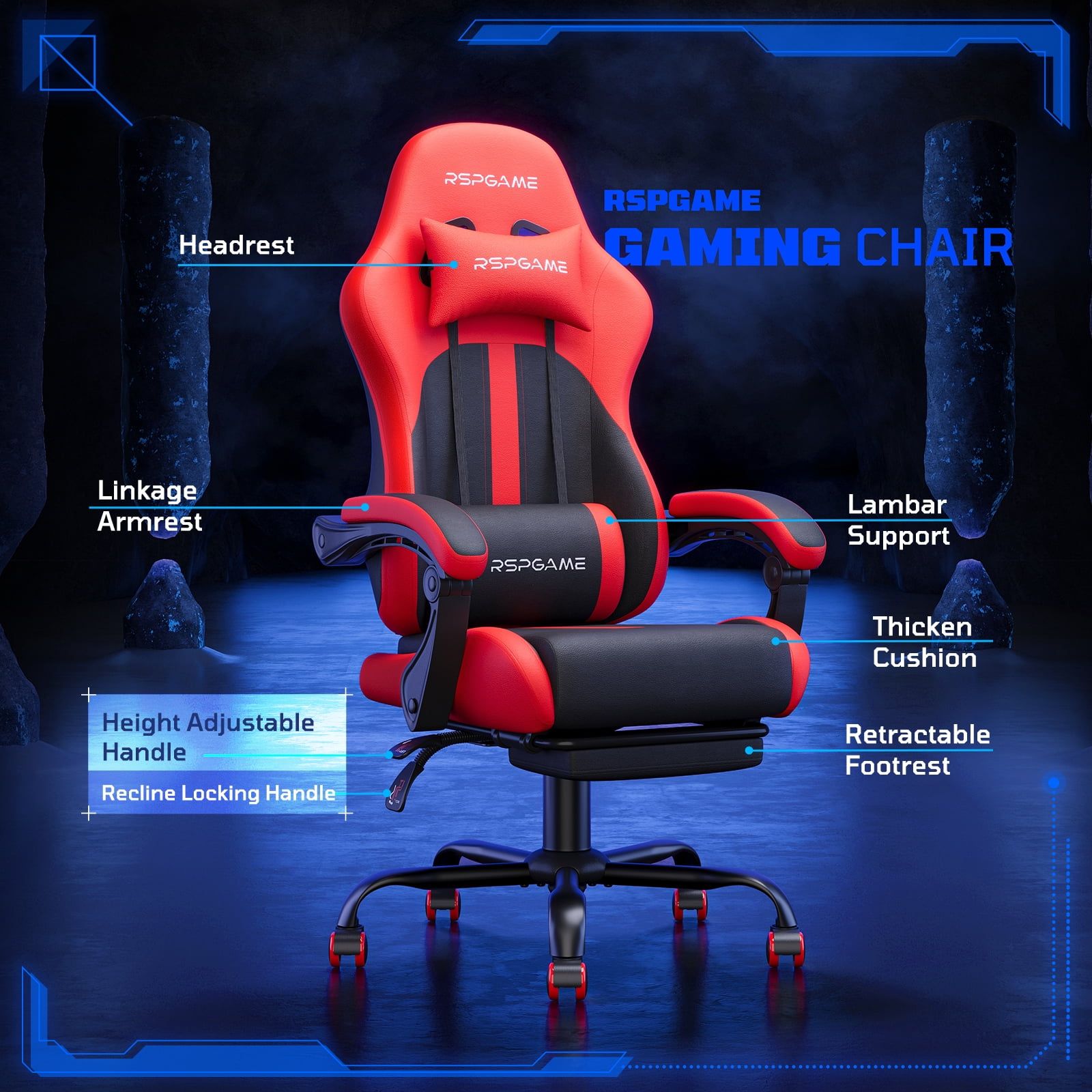 RSPGame Gaming Chair for Adults, PU Leather Office Chair with Lumbar Support and Retractable Footrest, Red Racing