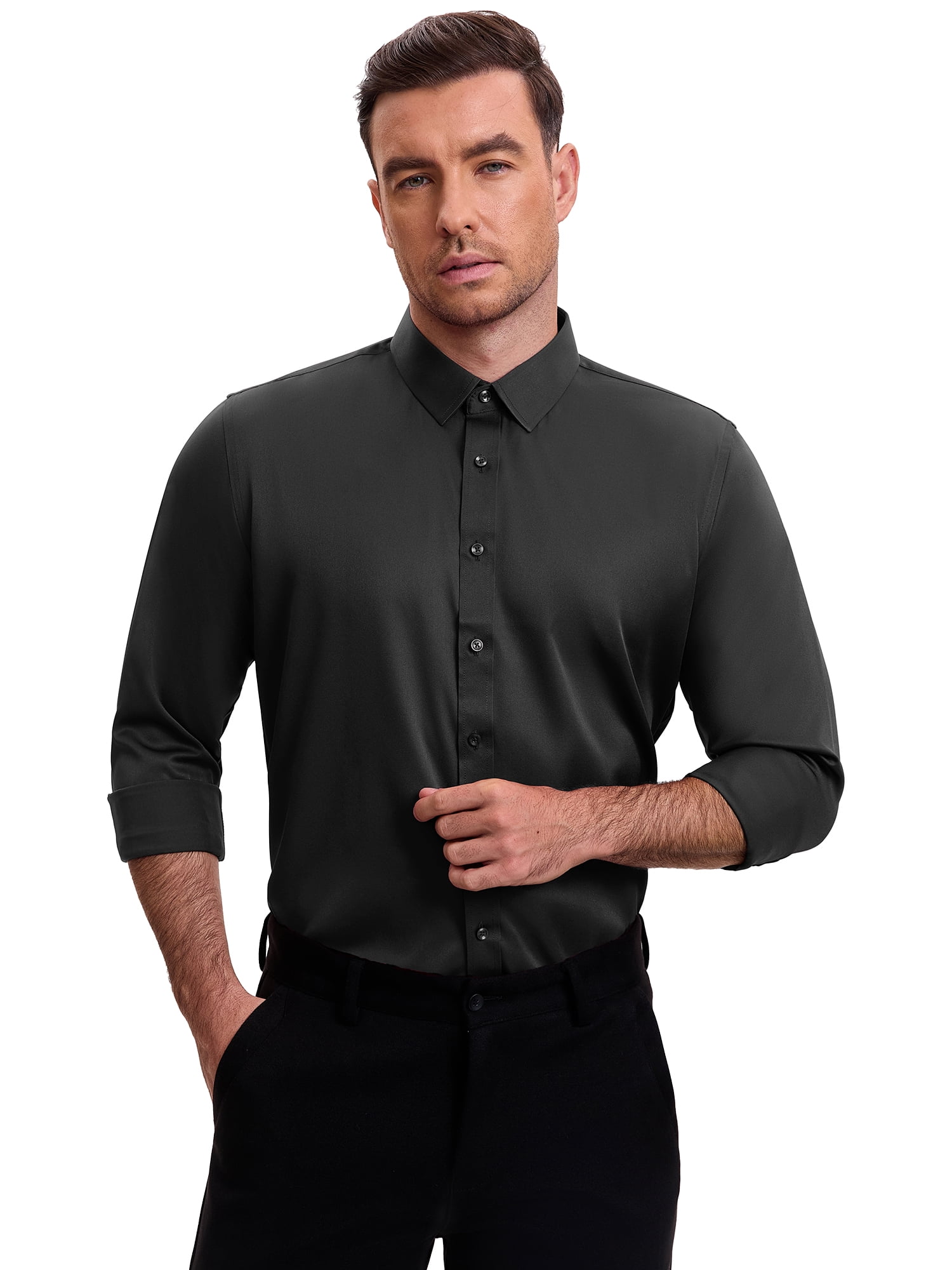 DARING DIVA Men's Point Collar Long Sleeve Button Down Formal Shirts S Black