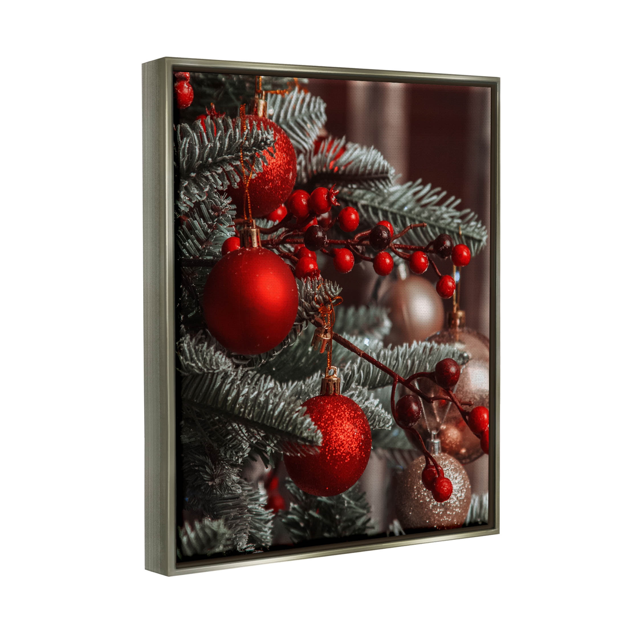 Hanging Red Ornaments Christmas Tree Holiday Photograph Luster Gray Framed Art Print Wall Art