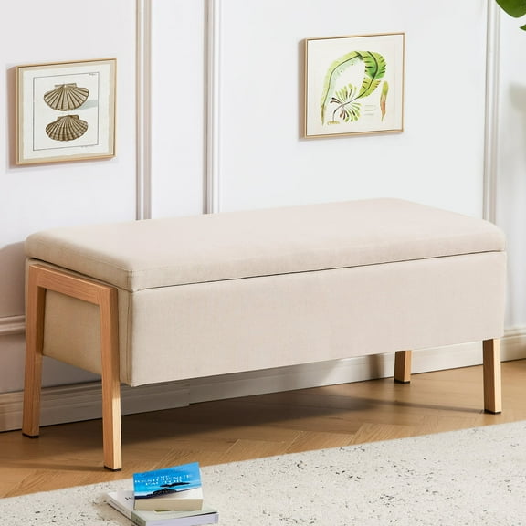 Furniliving Storage Ottoman Bench, Upholstered End of Bed Bench with Wood Legs, Linen Entryway Bedroom Bench, Flipping Lid Storage Bench for Living Room, Bedroom, Entryway. Beige