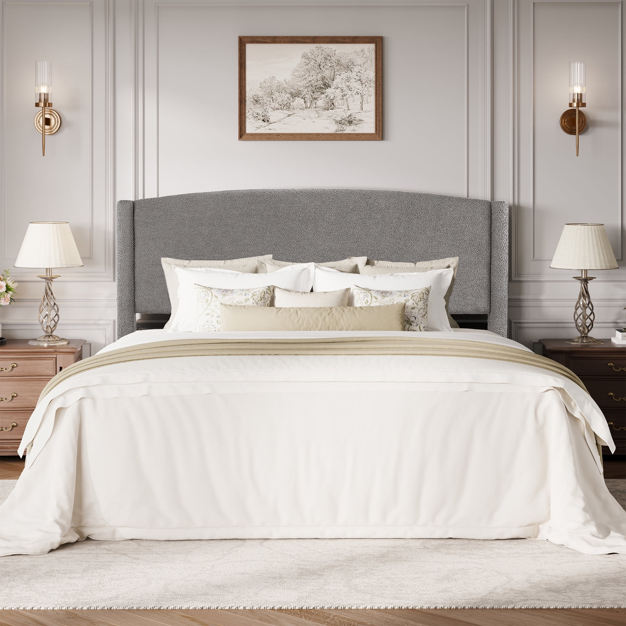 Amolife King Bed Frame, Platform Upholstered Bed with Soft Teddy Fabric Curved Headboard, Grey