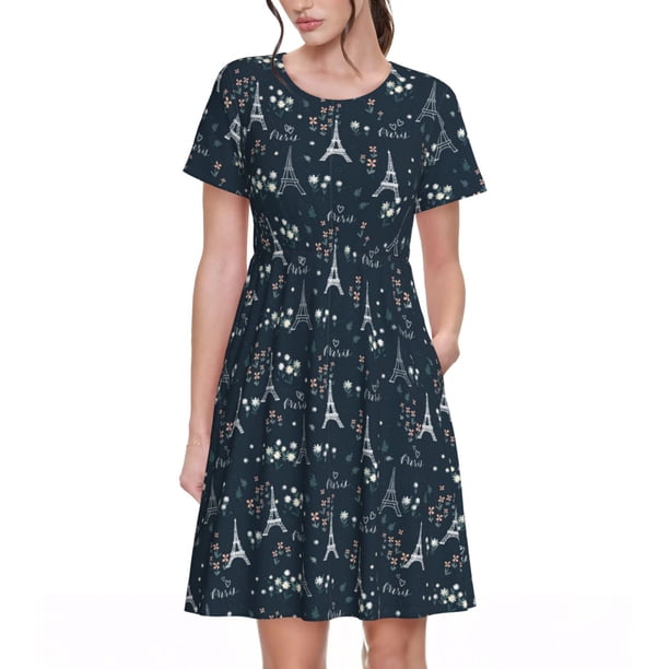Disketp Romantic Eiffel Tower para Vestido de Manga Corta para Mujeres, Vestidos de Verano para Mujeres, Casual y Holgado para la Playa