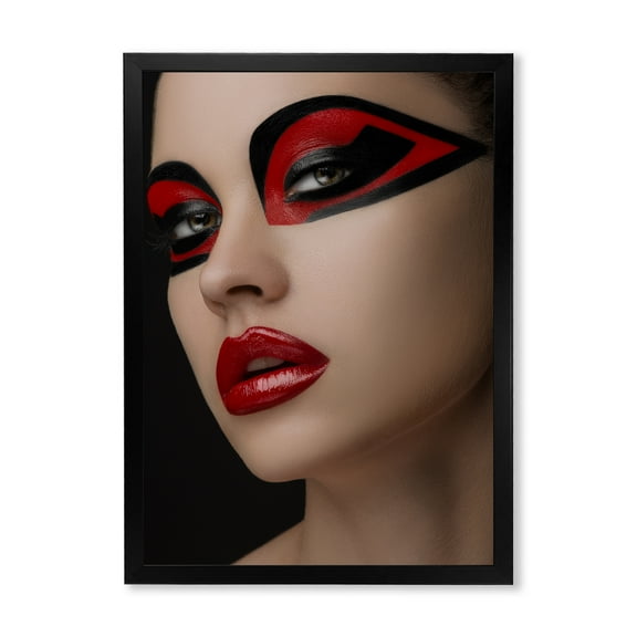 Designart 'Red Lips Black Makeup On The Eyes of Mask Girl' Modern Framed Art Print