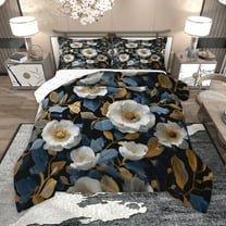 Homewish Rustic Flower Leaves Queen Comforter Set,Country Floral Bedding Sets,White Brown Deepblue Bedding Comforter Set For Girls,Microfiber Bedroom Decor Reversible,3-Piece