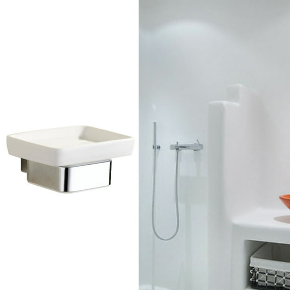 GOOHOCHY Wall Mount Soap Holder with Ceramic Dish and Zinc Alloy Stand for Bathroom Silver 3.5 x 2.8 x 4.3 Inches