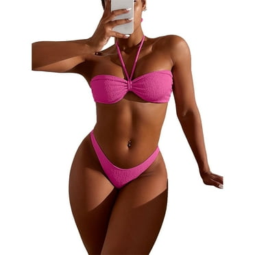 Bikini Suit Tie Halter Neck Backless Pure Color Stretchy Breathable 2 Piece Swimsuit for Vacation Beach Party