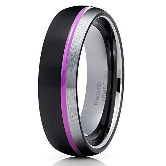 Purple Tungsten Wedding Band 6mm Black Tungsten Ring Gunmetal Tungsten Ring Men and Women Offset Groove Ring Comfort Fit