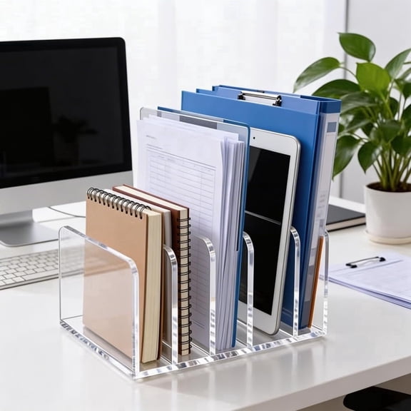 Acrylic Mail Holder, Clear Multifunction Desk Organizer with Divider, mail organizer-file organizer for desk，5 Compartments Modern Office Home Envelope Organizer for Bill, Document, Folder
