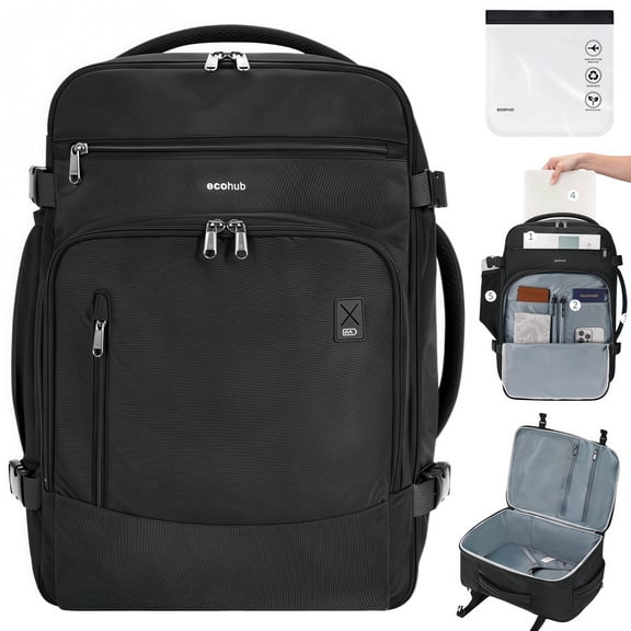 WANDF Travel Backpack with Clear Toiletry Bag, 30L Airline Approved Personal Item Bag with USB Port,15.6" Laptop Carry on Backpack, Casual Daypack for Weekender Business(Black)