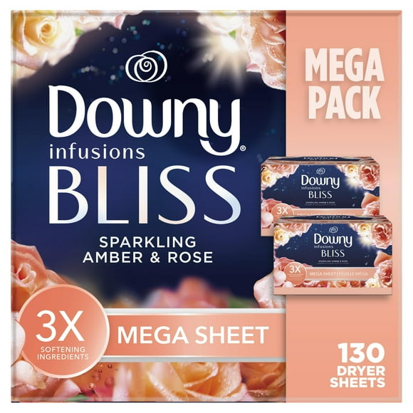 Downy Infusions Mega Dryer Sheets, Laundry Fabric Softener, BLISS, Amber and Rose, 130 Count