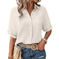 thumbnail image 3 of Women's Casual Solid Color Elbow Length Half Sleeve Button Short Sleeved Turndown Collar Blouse Tops/shirt, 3 of 6