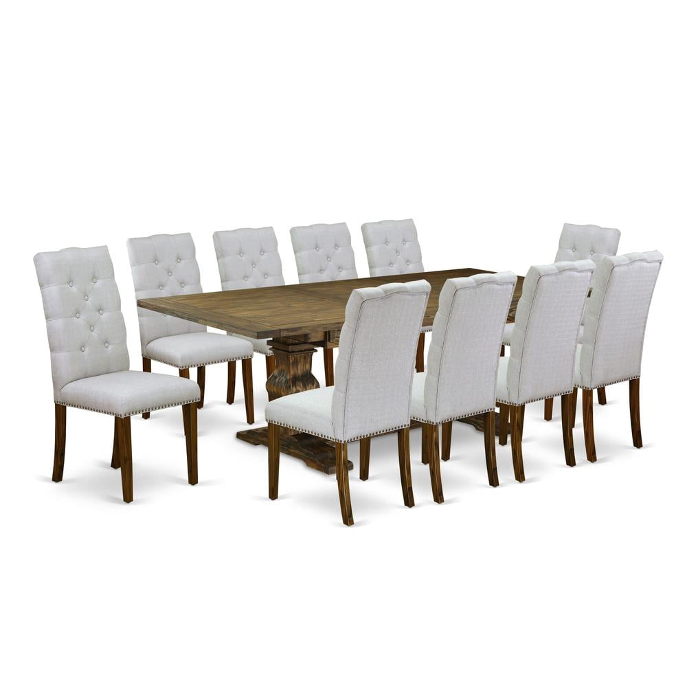 East West Furniture LAEL11-88-05 11-Pieces Table Set - A Butterfly Leaf Double Pedestal Dining Table And 10 Grey Linen Fabric Dining Chairs With Button Tufted Back - Antique Walnut Finish