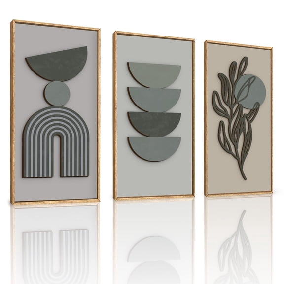 TOARTi Green Sage Wood Wall Art Framed Boho Nature Leaf Modern Geometric Set of 3 For Living Room Bedroom Office 8x16 Inch
