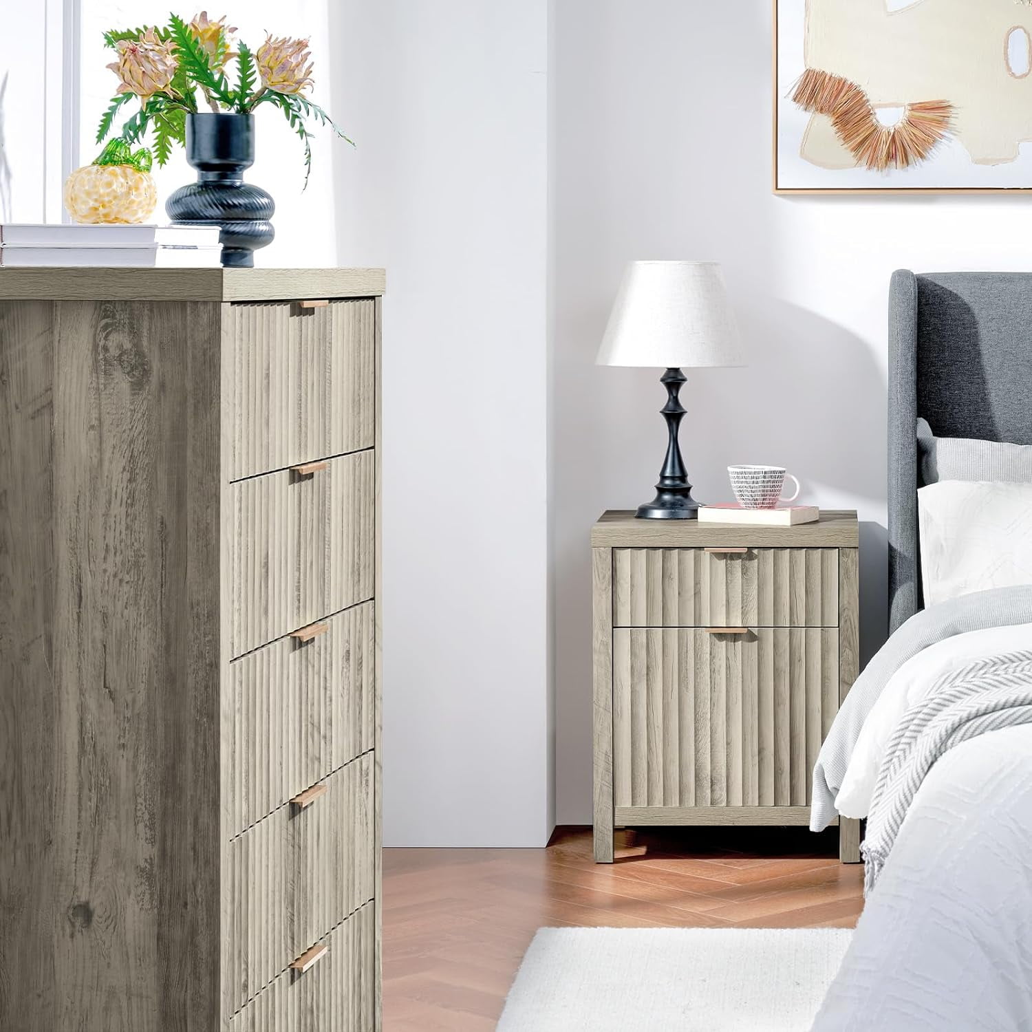 OAKHAM Gray Nightstand with 2 Drawers, Farmhouse Bedside Table with Charging Station, Set of 2