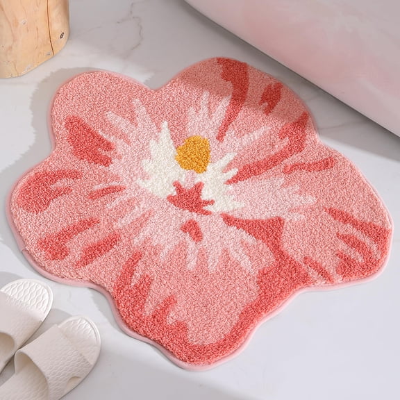 Soft Bath Rug Mat, 24x28 Inch Round Absorbent Microfiber Bathroom Rug, Cute Flower Non-Slip Shower Mat, Machine Washable Carpet for Toilet Bathtub Kitchen