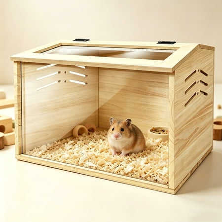 Wooden Hamster Cage,Chick Brooder Box,Hamster Cage Enclosure with Acrylic Window & Openable Top,Small Animal Habitat for Guinea Pig, Chinchilla, Gerbil(16X12X12 in)