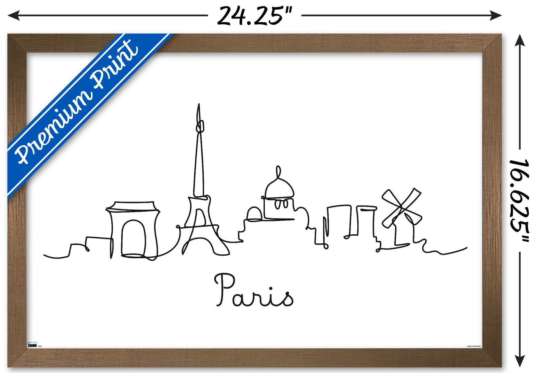 Line Art Skyline - Paris Wall Poster, 14.725" x 22.375", Framed