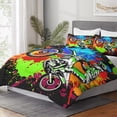 thumbnail image 4 of Juego de edredón con funda de almohada, colorido verde naranja moto motocross suave, 4 of 7
