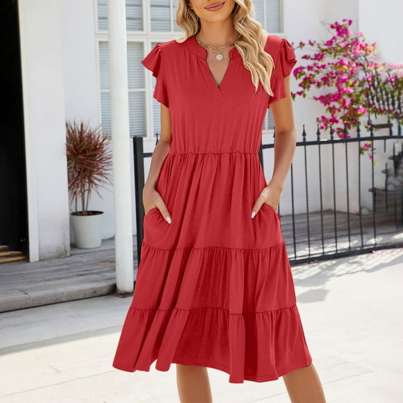 Summer Savings Clearance! Fashion Women Summer Casual V-Neck Ruffled Short Sleeve Solid Dress, Flowy and Lightweight Dress for Summer, Beach, or Everyday Wear Clearance Sales Today Deals Prime