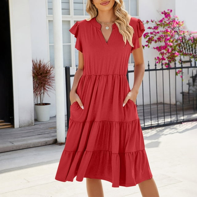 Gspmoly Robes Décontractées pour Femmes, Mode Femmes Été Décontracté Col en V à Volants Manches Courtes Robe Unie Robe Cocktail Offres Hebdomadaires