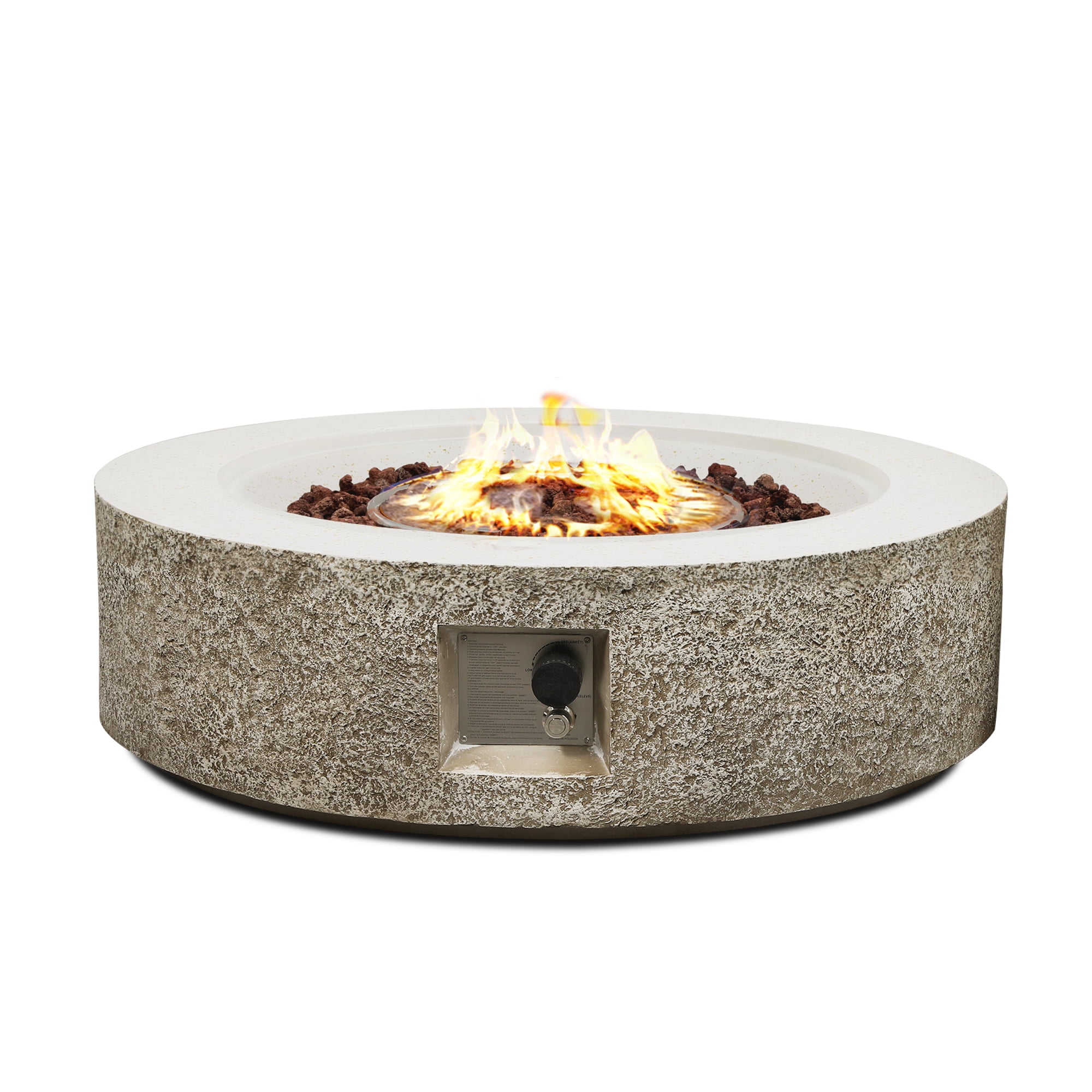 UPHA 42-inch Outdoor Propane Round Fire Pit Table 50000 BTU Gas Concrete FirePit for Outside Patio with Lava Rocks, Rain Cover, Beige
