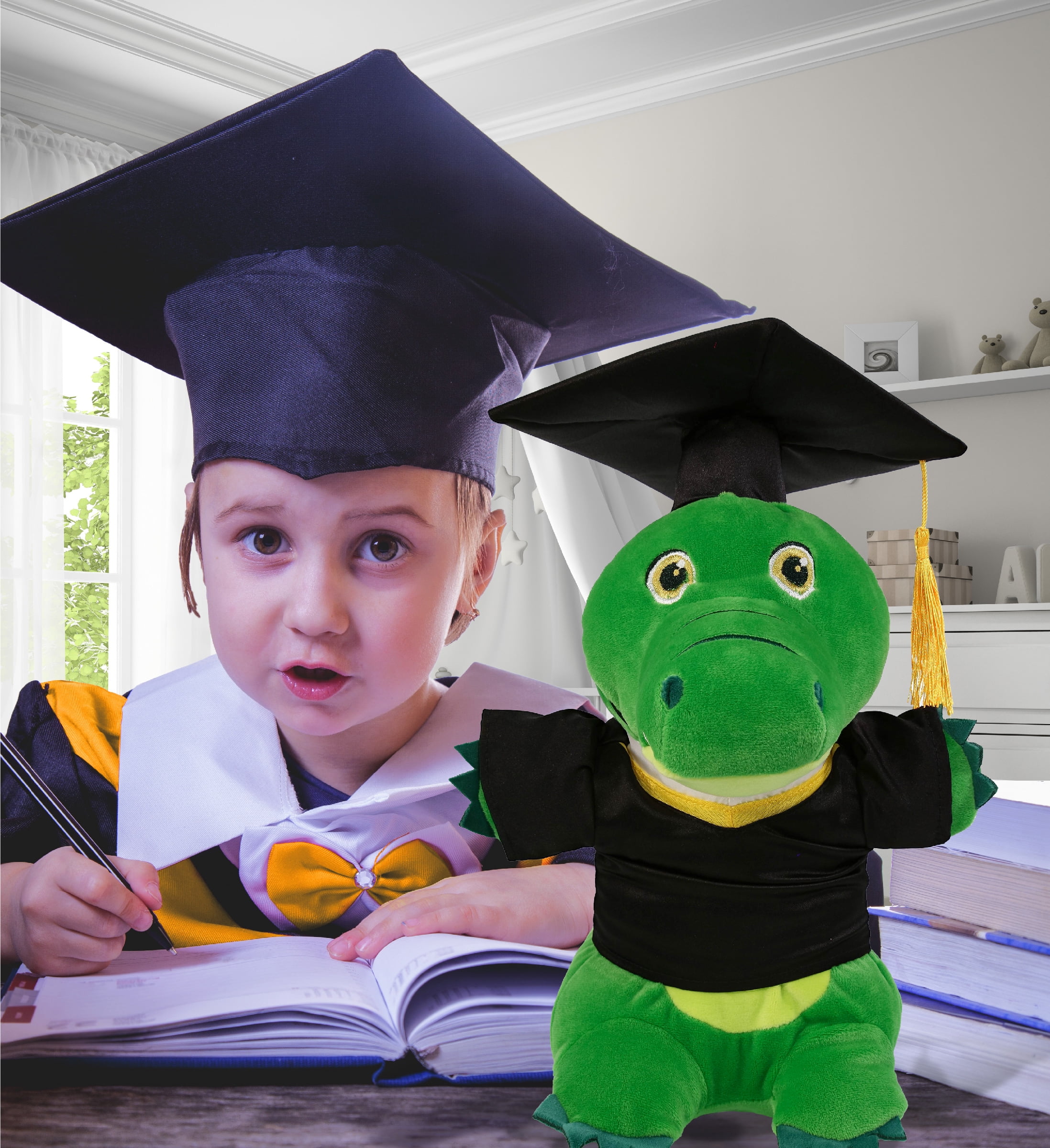 DolliBu Standing Alligator Graduation Plush Toy - Snug-Mooshies Gator Plush Graduation Stuffed Animal Dress Up with Graduation Gown and Cap with Tassel Outfit - Congratulatory Graduation Gift - 7 Inch