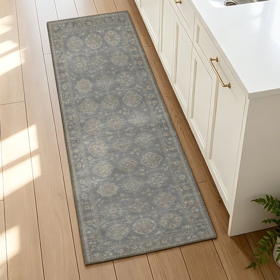 2x5 Washable Hallway Runner Rug, Non Slip Low Pile Soft Carpet, Vintage Distressed Oriental Dusty Blue Runner Rugs for Entryway Bedroom Kitchen Laundry