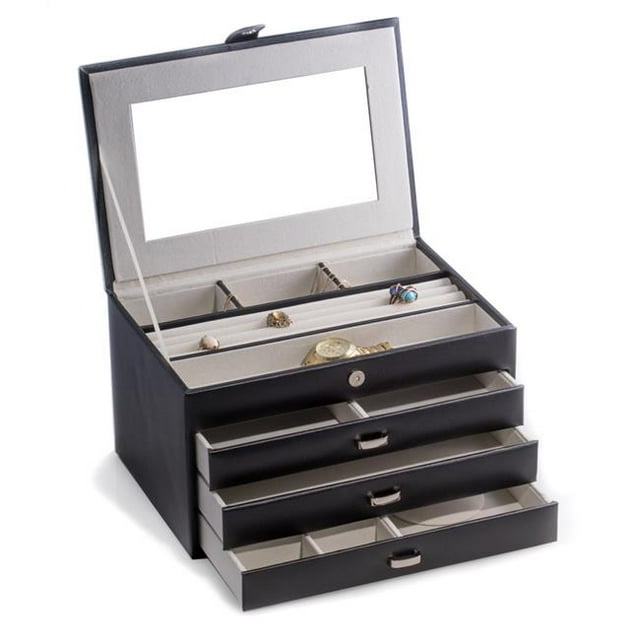 Bey-Berk International BB652BLK Black Leather 4 Level Jewelry Box with Multi Compartments