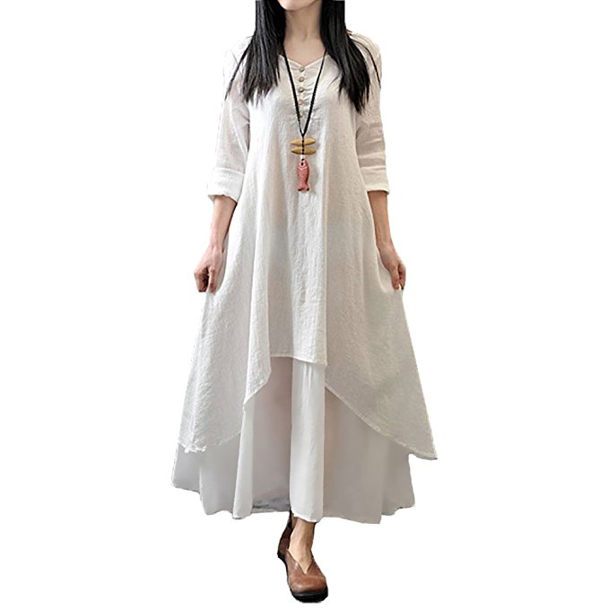 Women Linen Maxi Patchwork Two-Piece Dress Summer Long Sleeve O-Neck Floral Print Vintage Loose Casual Maxi Dress