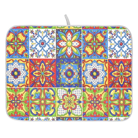 Dish Drying Mat for Kitchen Counter 16x18/18x24 Mexican Talavera Tile Absorbent Coffee Bar Mat Dish Drainer Rack Mat for Kitchen Counter