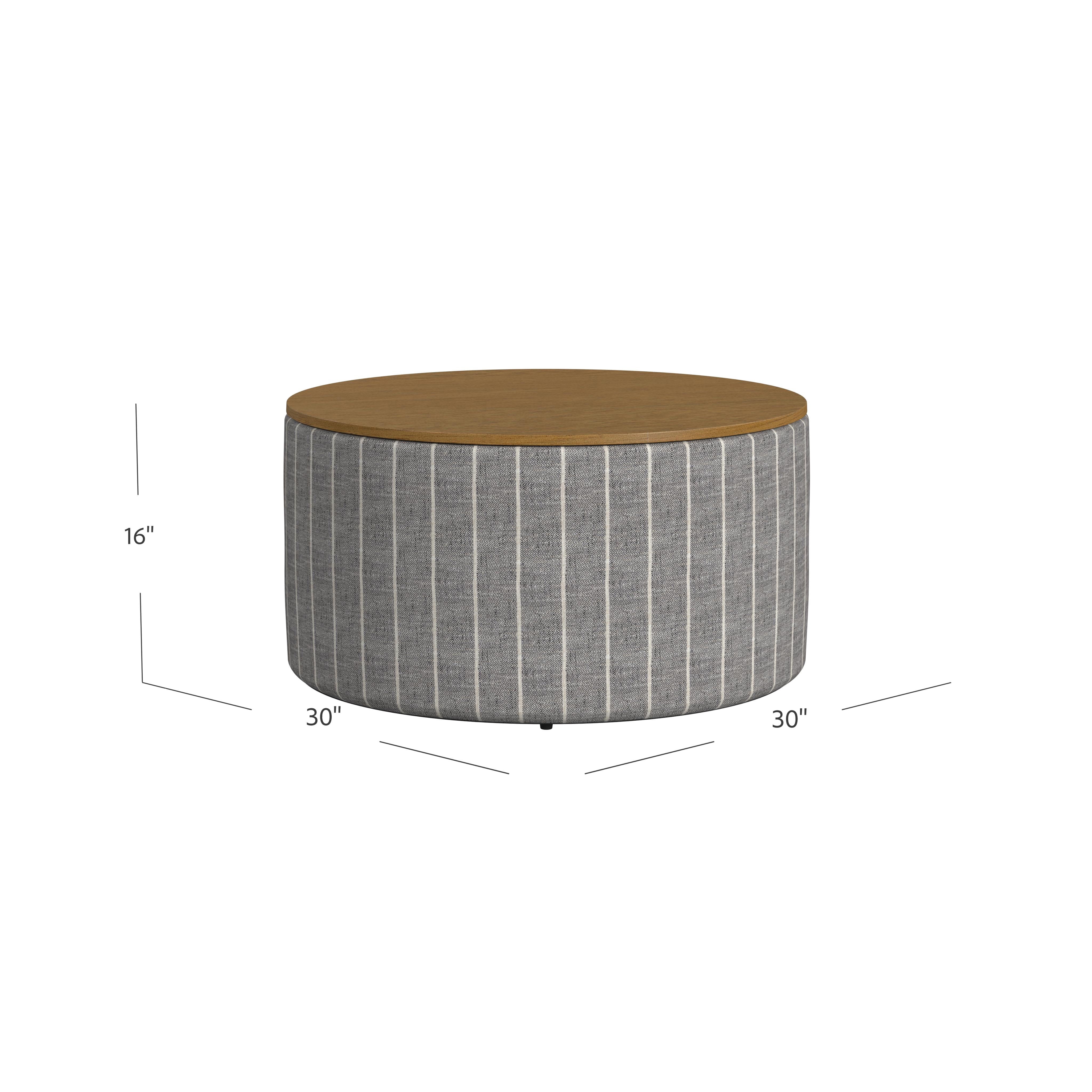 HomePop Large Modern Round Storage Ottoman with Wood Lift-Top Lid, Gray Pinstripe/Honey Oak