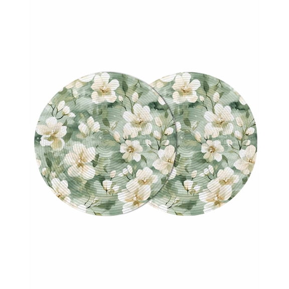 Sage Green Spring Floral Round Placemats Set of 2 for Dinning Tables,Heat-proof Braided Table Mats 13 Inch,Summer Botanical Farmhouse Washable Place Mat for Kitchen Restaurant Party Table Decor