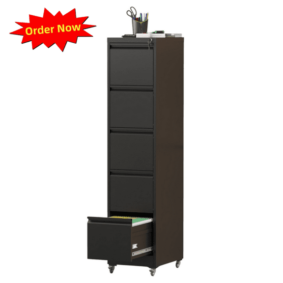 Tcbosik Rolling File Cabinet with Lock and Wheels, Vertical Filing Cabinet with 5 Drawers for Home Office, Metal Storage Cabinet for A4/Letter/Legal Size Files, Black