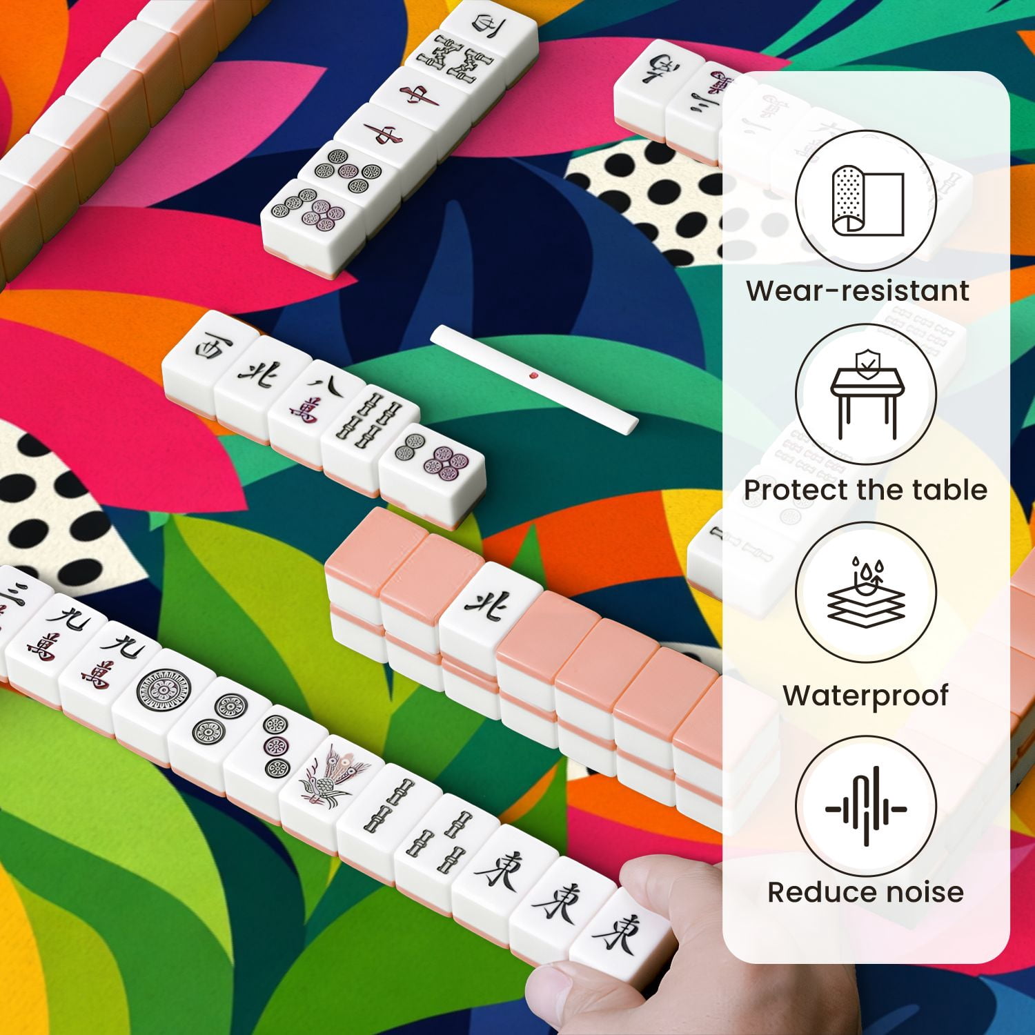 Mahjong Mat 31.5" x 31.5" Vibrant Tropical Leaves Bold Colorful Foliage Abstract Polka Dot Non-Slip Noise Reduction Mahjong Tiles Table Cover for Dominoes Poker Card Board and Tile Games