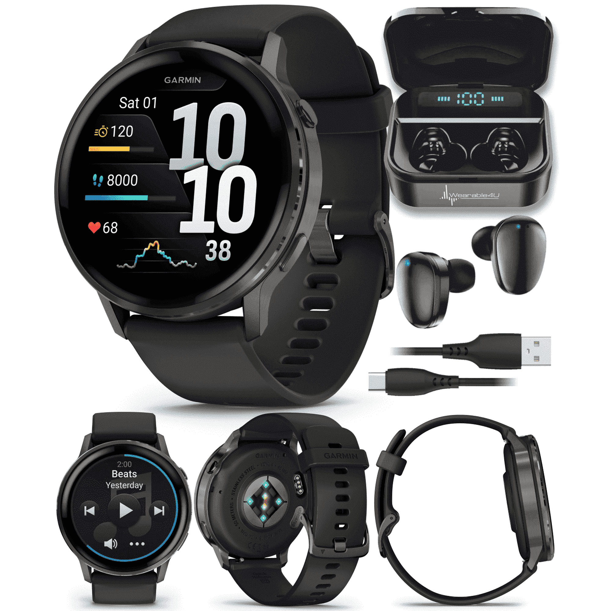 Garmin Venu 4 - 45mm AMOLED Advanced Health & Fitness GPS Smartwatch, Bright & Colorful Display, Flashlight, Up to 12 Days Slate w/ Black Silicone Band w/Wearable4U Black EarBuds Bundle