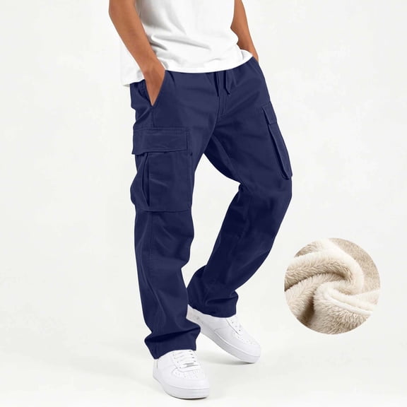 Boys Fleece Lined Thermal Cargo Pants Solid Color Elastic Waist Loose Sports Trousers Kids Fall Winter Trendy Casual Warm Pants Navy 7-8 Years