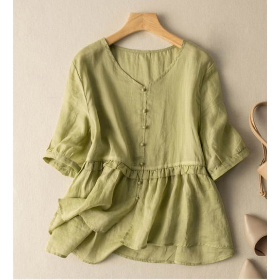 VKOYWKM Linen Shirts for Women Plus Size Cotton Linen Tops Button Up V Neck T Shirts Solid Color Short Sleeve Peplum Tops Lightweight Summer Tees