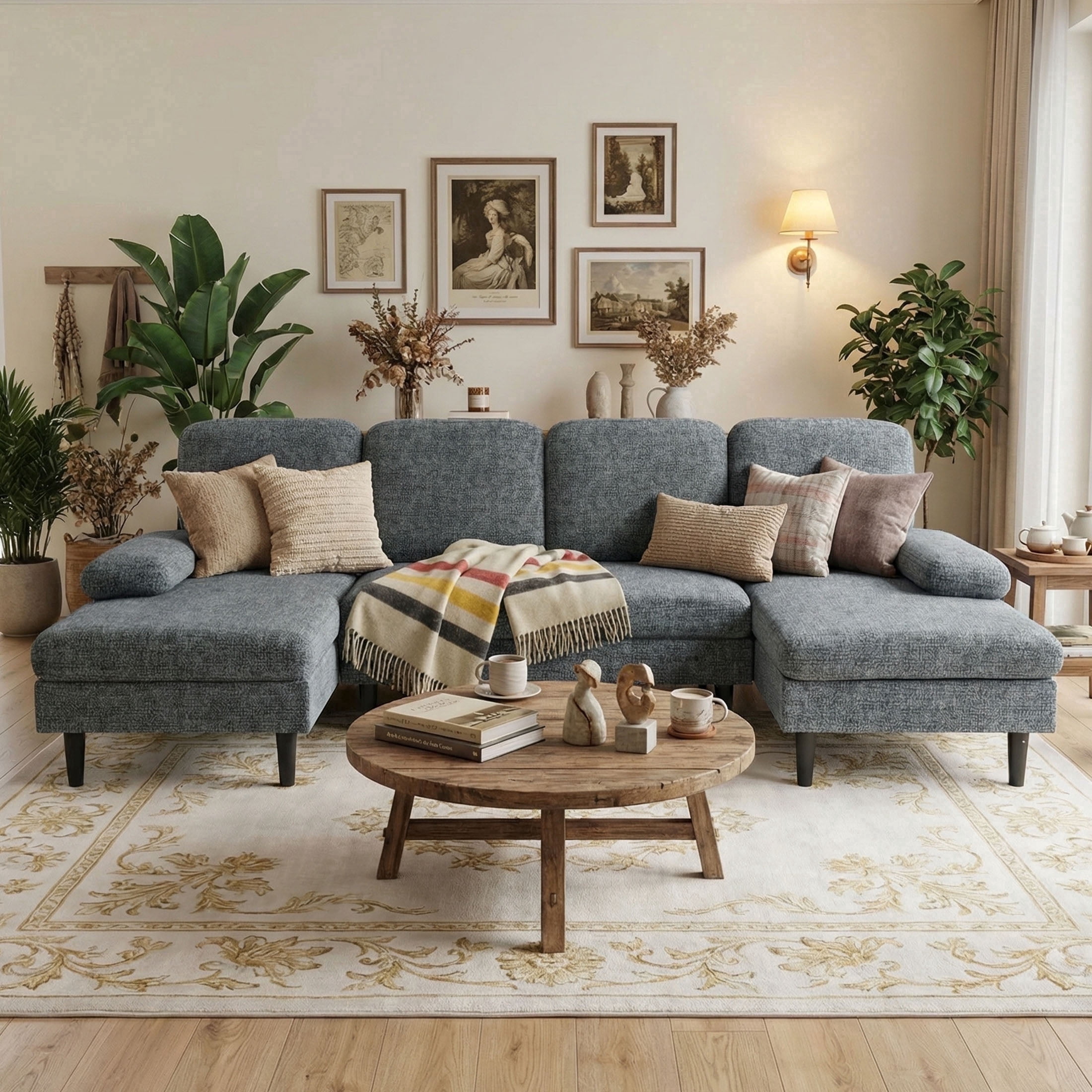 edx 99" U-Shaped 6 Seat Sofa Couch for Living Room, Linen Fabric Sofa Bed with Removable Pillows for Home and Apartment (Fabric, Dark Grey)