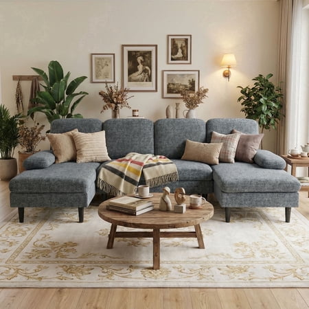 edx 99" U-Shaped 6 Seat Sofa Couch for Living Room, Linen Fabric Sofa Bed with Removable Pillows for Home and Apartment (Fabric, Dark Grey)