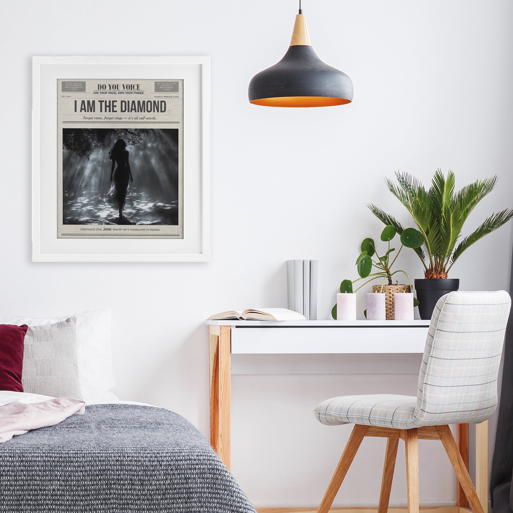 Stupell Industries Diamond Chic Newspaper White Framed Print Under Glass, design by A Barefoot Stylist