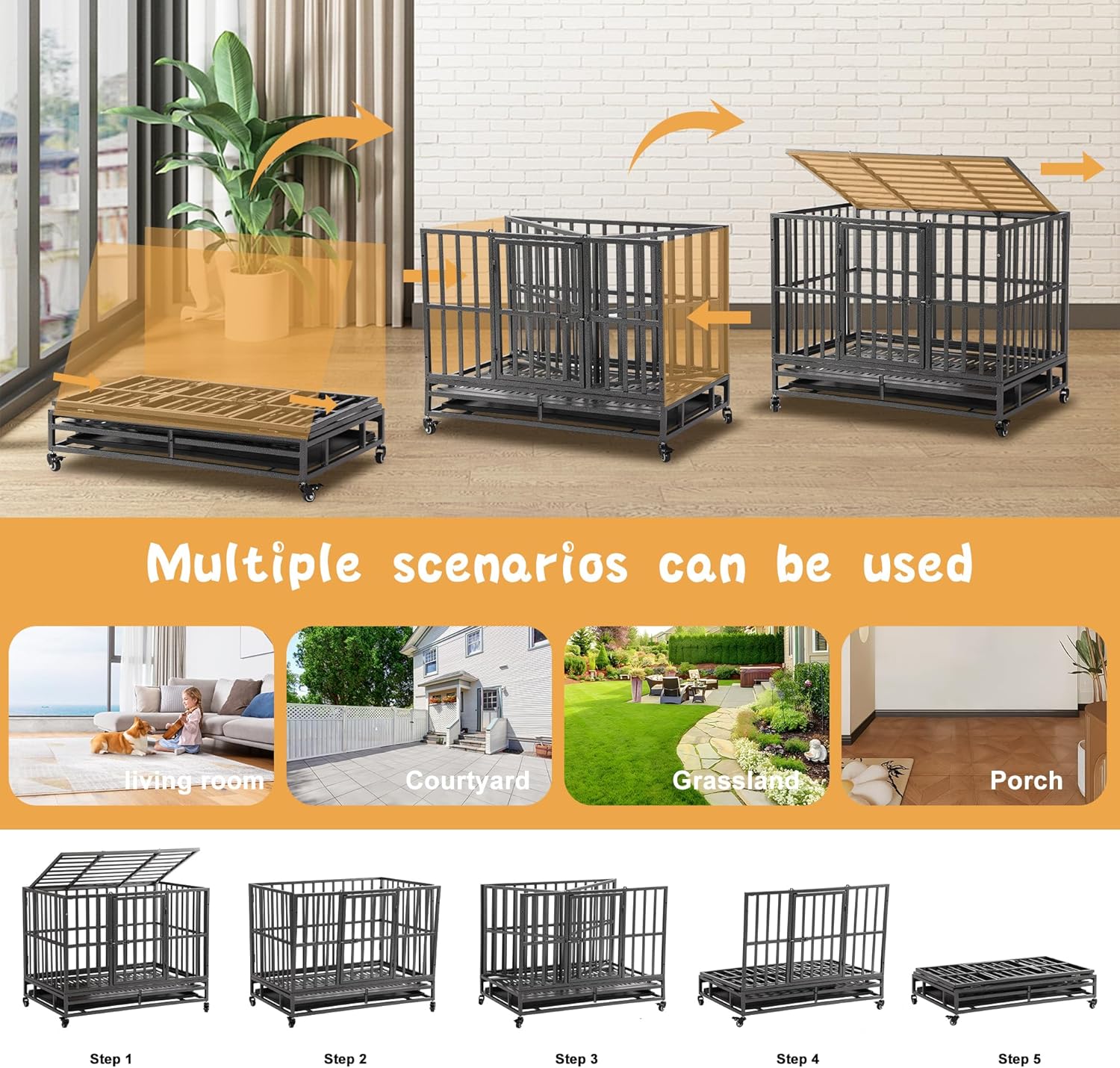 Magic Union 38 inch Large Heavy Duty Dog Crate with Lockable Wheels and Removable Tray for Large Dog,Escape Proof Folding Dog Cage Kennel with Sturdy Lock for Indoor and Outdoor,Black