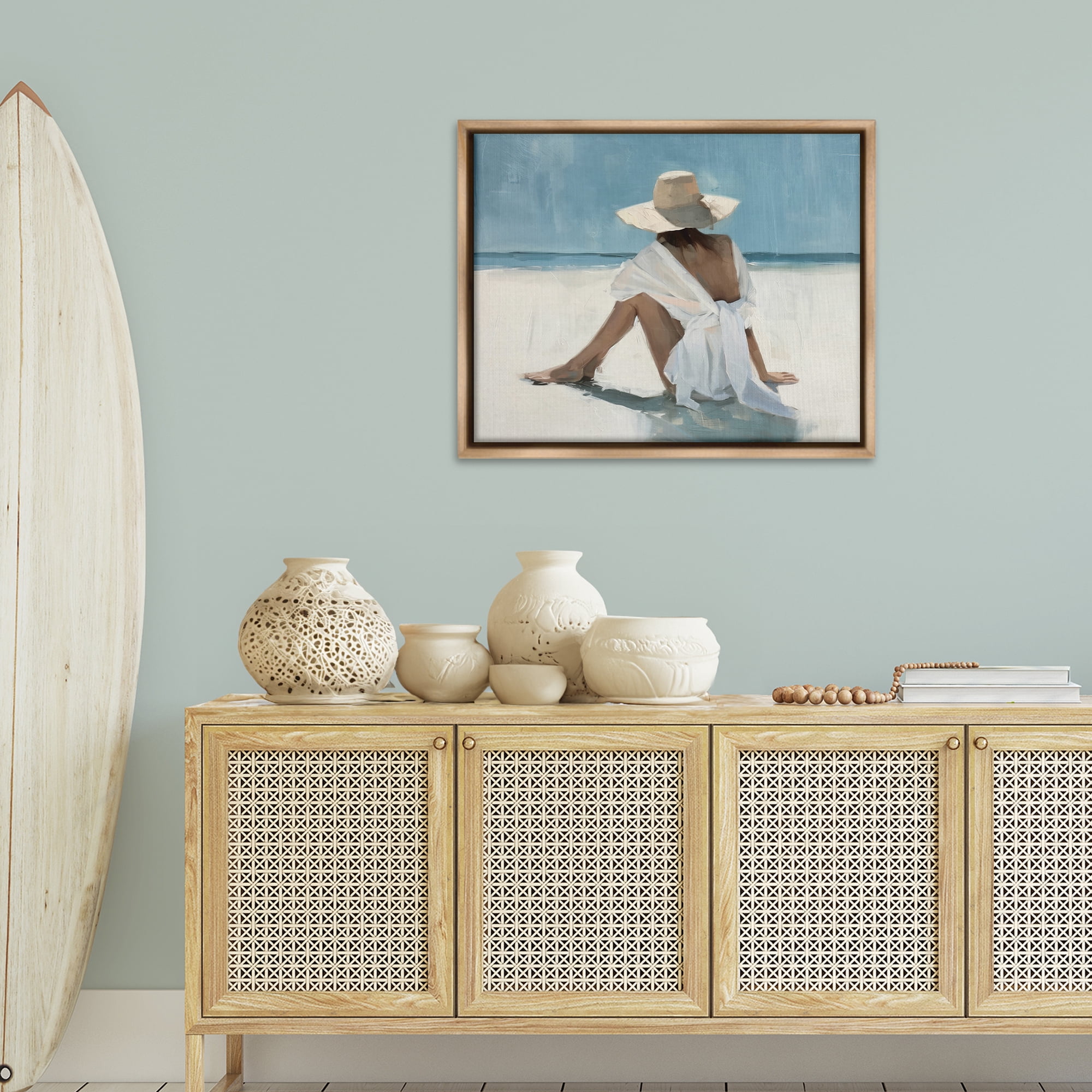 Stupell Industries Ocean Dream Woman People Painting Brown Floater Framed Canvas Art Print Wall Art, 31 x 25